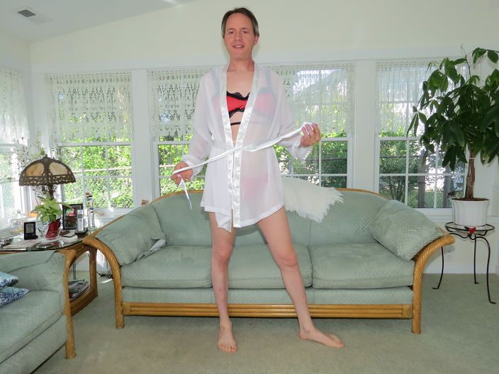 White sheer robe red bra and panties