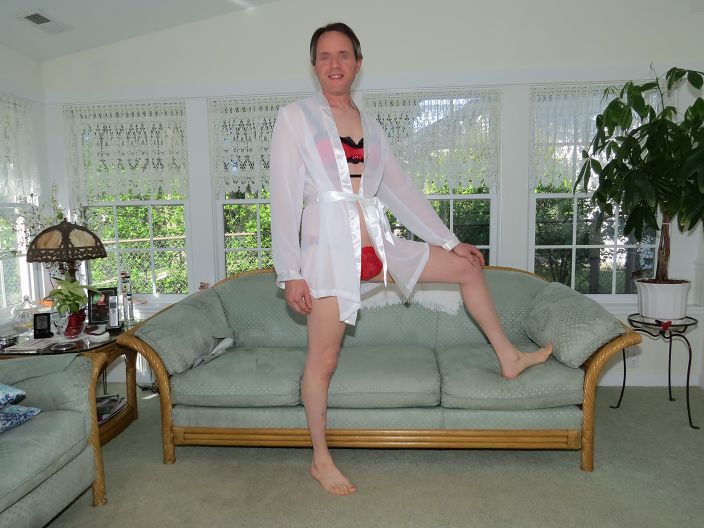 White sheer robe red bra and panties